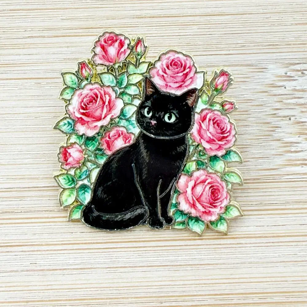 Black Cat Rose Enamel Pin Gothic Floral Cat Lover Pink Roses Soft Enamel